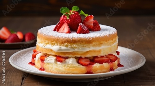 Fraisier cake is a French strawberry cake made from layers of genoise, mousseline cream and strawberries closeup on the plate on the table