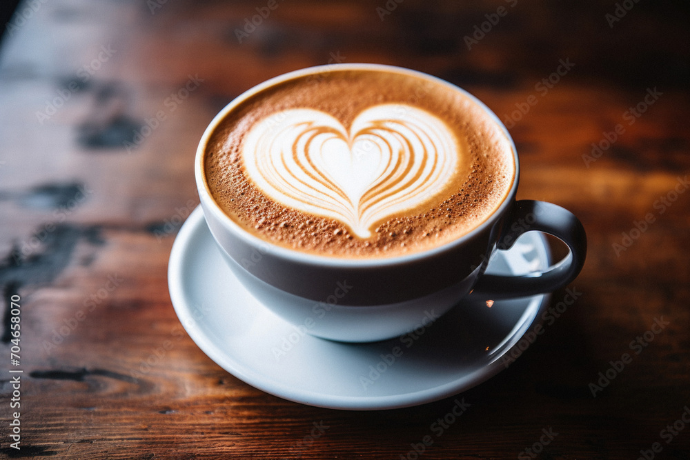 Coffee cup with heart shape latte art on wooden table. Coffee cup with heart shape latte art on wooden table.