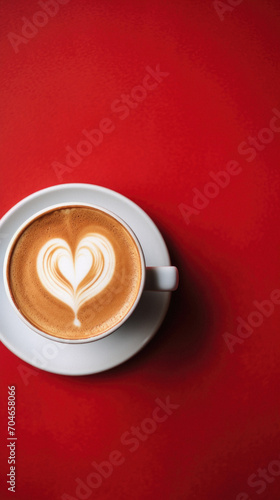 Cup of cappuccino with heart shape on red background.