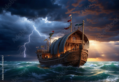 Old medieval ship, floating on waves on the ocean in a raging hurricane. © A_A88