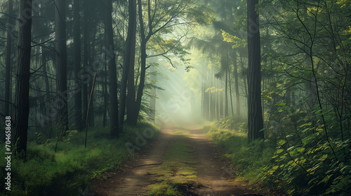 An enchanting forest path covered in fog, with towering trees and dappled sunlight breaking through