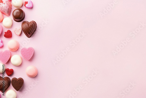 Valentine's Day background with chocolate candies on pink background.
