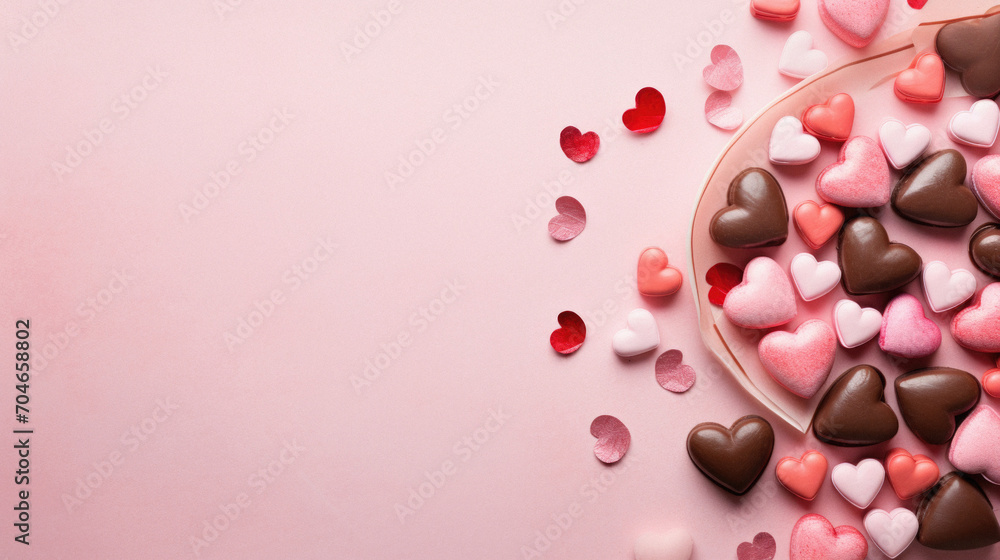 Valentine's Day background with heart shaped chocolate candies on pink background.