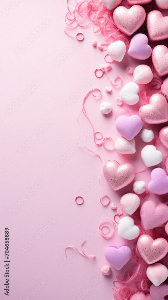 Valentine's day background with pink and white hearts and ribbons.