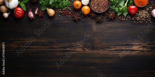 Ingredients for cooking placed on a dark wooden table, viewed from above, with space to copy. photo