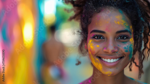 selective focus on portrait of an African-american girl painted with colorful pigments at the Holi festival