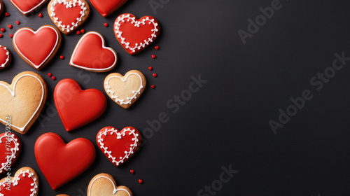 Delicious heart shaped cookies on black background, top view. Space for text.