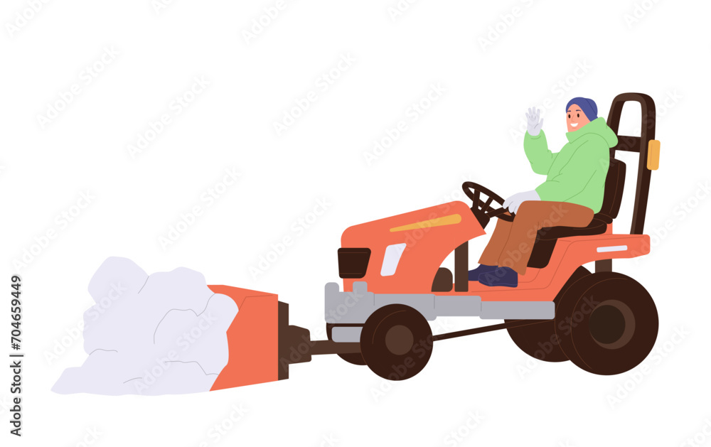 Man cartoon character driving snow dump tractor cleaning street from snow isolated on white