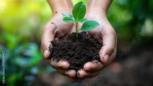 Hands holding soil with a sprouting seedling, symbolizing growth and nurturing, concept of new life and sustainability