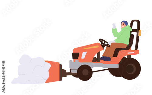 Man cartoon character driving snow dump tractor cleaning street from snow isolated on white