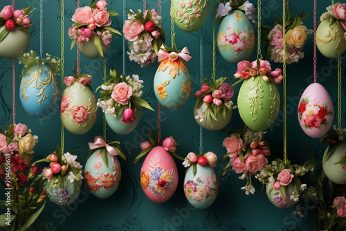 Decorated easter eggs with flowers suspended from wires on a green background © daniy