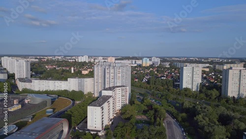 German Panel System Building Berlin Marzahn. Beautiful aerial view flight drone photo