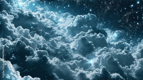  a sky full of clouds and stars with a bright light shining in the middle of the clouds and stars in the middle of the sky.