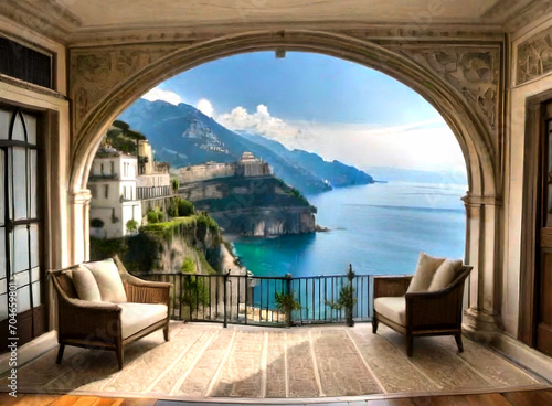 panoramic views of the sparkling Mediterranean Sea and cliffside terraces, generative ai © Abul