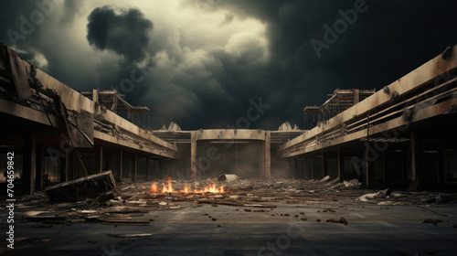 Fotografering Post-apocalyptic scene of a destroyed building with fire amid rubble under storm
