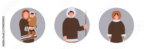 Isolated round icon composition set with Eskimo family characters of northern people portrait