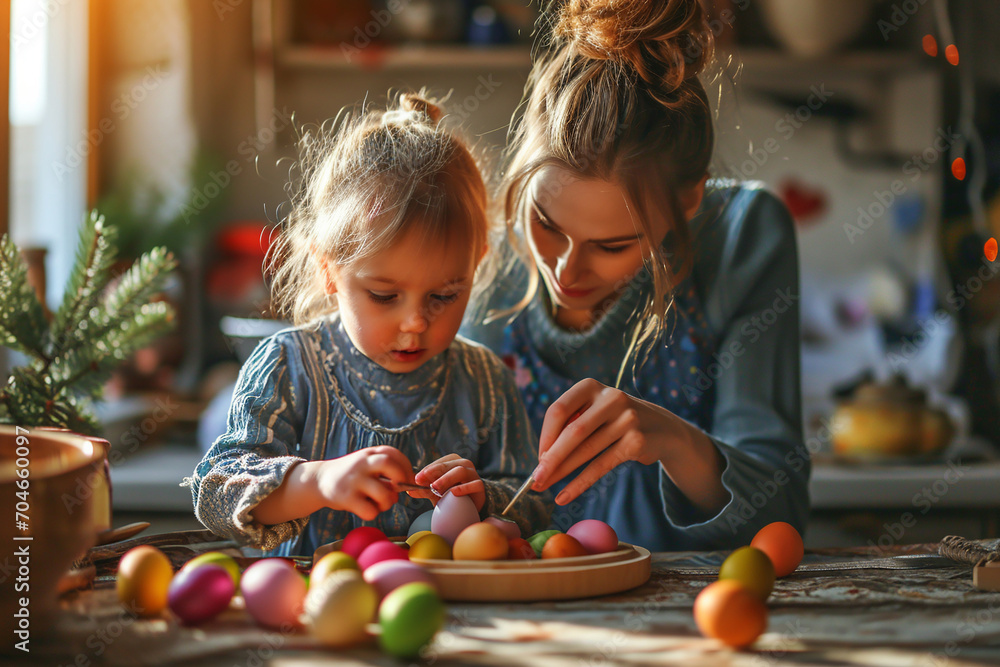 A photo of a mother and daughter preparing easter decorations in their home kitchen. Blond female and a small girl are hand-painting Easter eggs. A photo of a mother and daughter preparing easter decorations in their home kitchen. Blond female and a small girl are hand-painting Easter eggs.