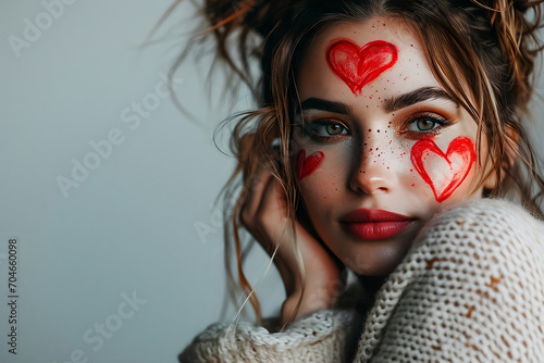 Portrait of a beautiful woman with red makeup and hearts for Valentine's Day.