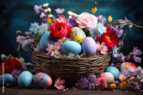 Beautiful wicker basket full of colourful Easter eggs and flowers. Bright Easter composition with pastel eggs, roses , pions and other spring flowers.