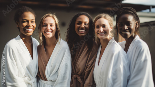 Group of diverse friends in robes sharing joy, promoting wellness and friendship