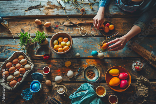 Rustic photo of egg painting process on a wooden kitchen table. Family tradition of Easter egg colouring in the kitchen. 
