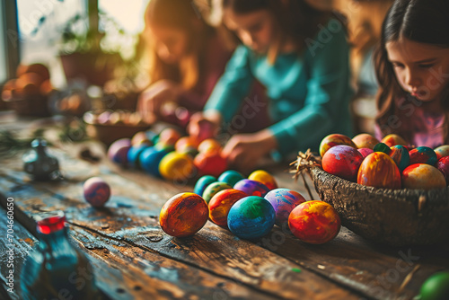 Picture of brightly coloured Easter egg which are being painted by three two young girls. Two caucasian children are happily painting Easter eggs in their family home.