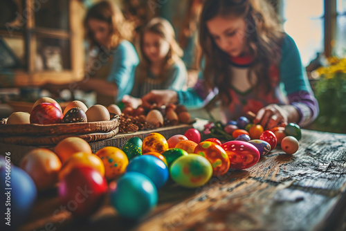 Picture of brightly coloured Easter egg which are being painted by three little young girls. Three caucasian children are happily painting Easter eggs in their family home.