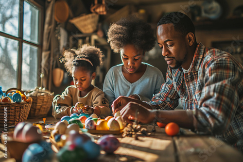Photo of an African family sitting in their home kitchen and decorating Easter eggs. Father and his two daughters are sitting behind the wooden table and celebrating Easter by painting chicken eggs.