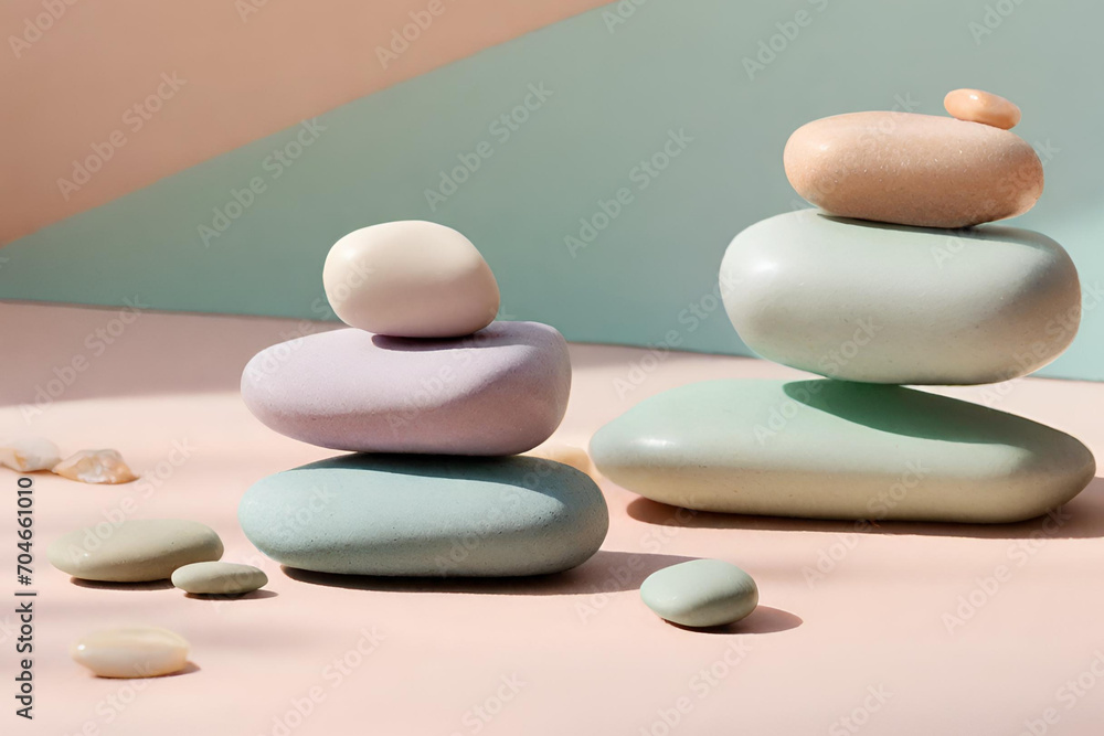 Pastel-colored Zen stones arranged in balanced composition, Zen stones background