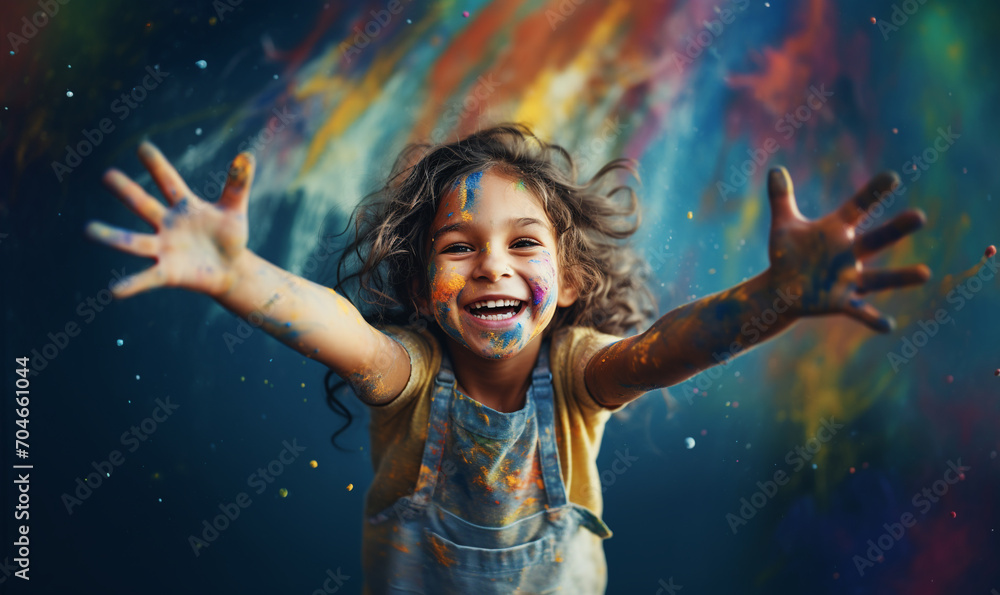 lachendes fröhliches Kind mit bunter Farbe