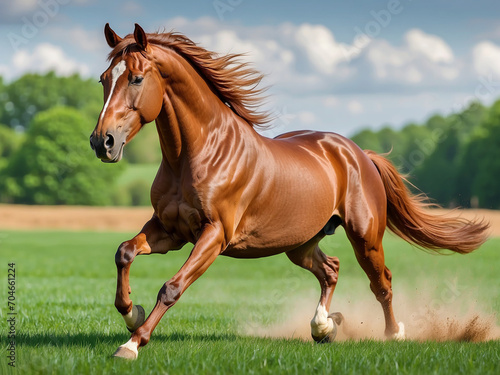 A horse gallops across a green field