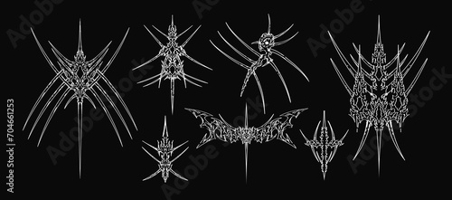 Cyber sigilism elements. Neo Tribal symmetrical shapes, gothic sharp spikes with heart. Vector set