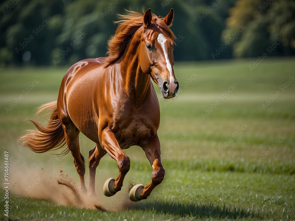 Obraz premium A horse gallops across a green field