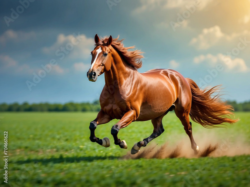 A horse gallops across a green field