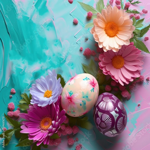 Happy Easter holiday background. Easter eggs and beautiful spring flowers