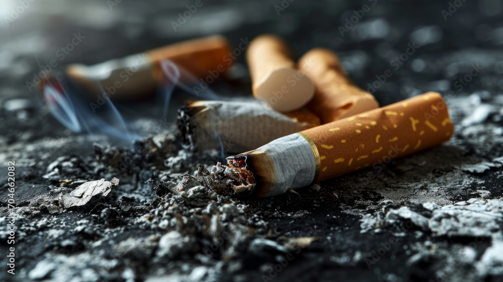 A powerful visual commentary on the abrupt cessation of smoking showing the benefits, drawbacks, and methods. Cigarette butts in an ashtray - obrazy, fototapety, plakaty 
