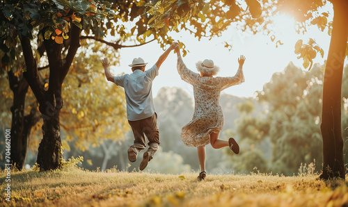 schwungvoll springende Senioren im Park