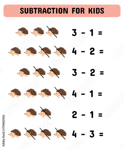 Subtraction game with cute hedgehogs. Educational math game for preschoolers kindergarten.Matching game.