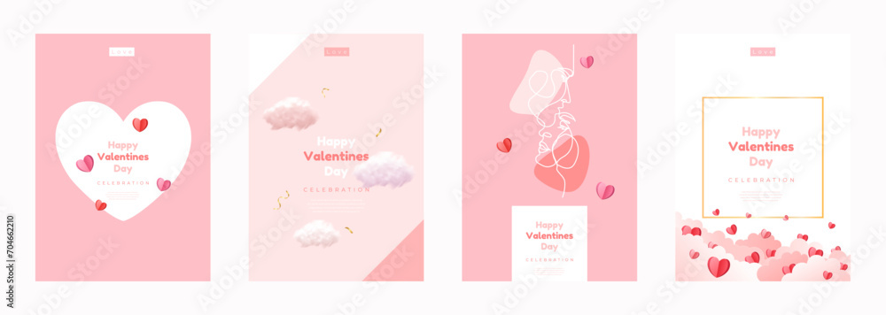 Valentine's day concept cards set. Social media post with hearts and clouds. 3d red and pink paper hearts with frame on geometric background. Line face couple. Vector illustration