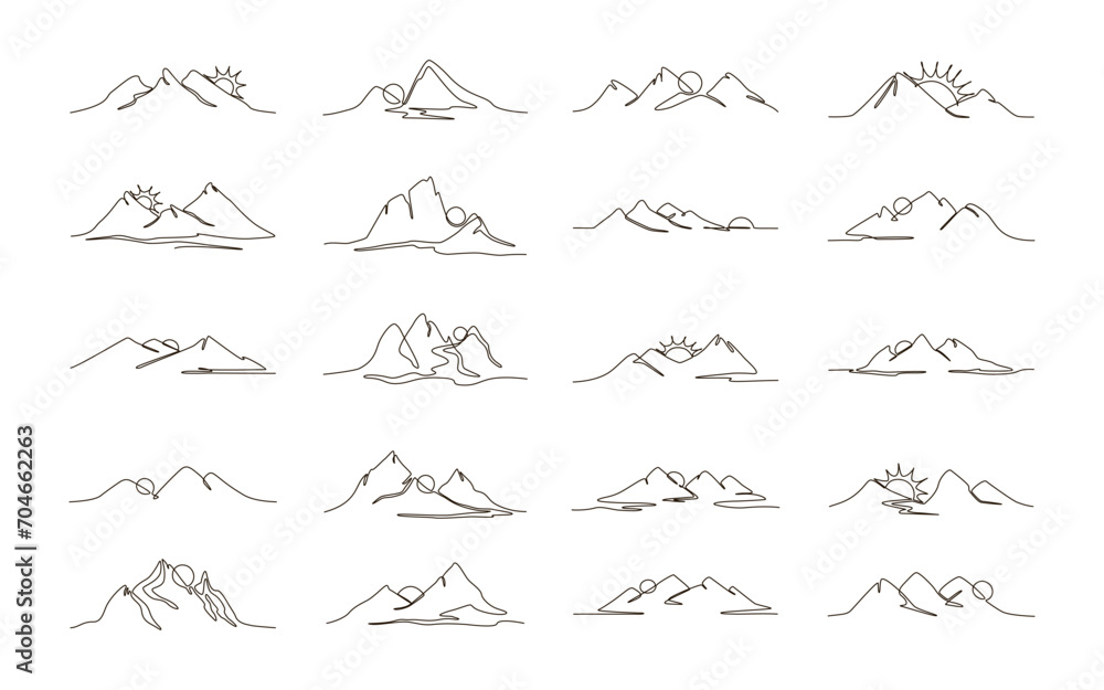 Set of sun and mountains continuous one line icon drawing on white background. Hot temperature and  travel symbol vector illustration in doodle style. Summer sun contour line sign  - obrazy, fototapety, plakaty 