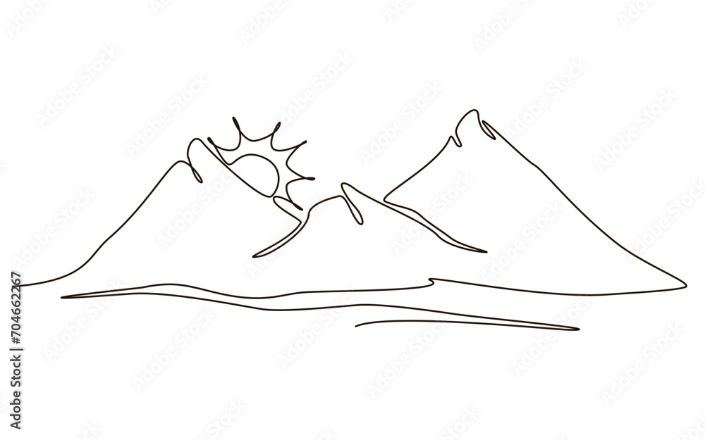 Sun and mountains continuous one line icon drawing on white background. Hot temperature and  travel symbol vector illustration in doodle style. Summer sun contour line sign 