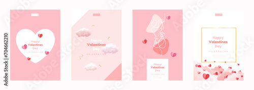 Valentine's day concept cards set. Social media post with hearts and clouds. 3d red and pink paper hearts with frame on geometric background. Line face couple. Vector illustration