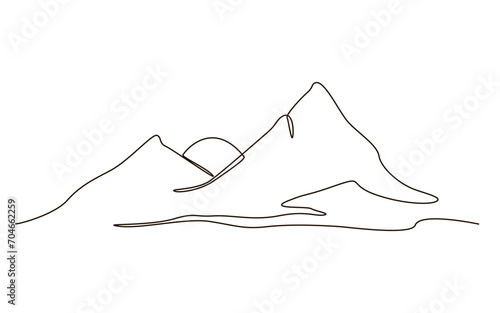 Sun and mountains continuous one line icon drawing on white background. Hot temperature and travel symbol vector illustration in doodle style. Summer sun contour line sign 
