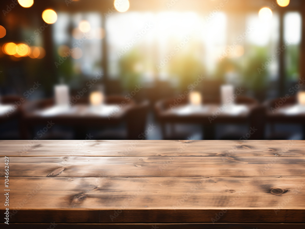 Empty wooden table in a restaurant with blurred background