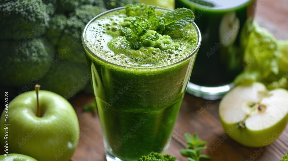 a close up of a green smoothie in a glass surrounded by apples and broccoli on a table. a close up of a green smoothie in a glass surrounded by apples and broccoli on a table.