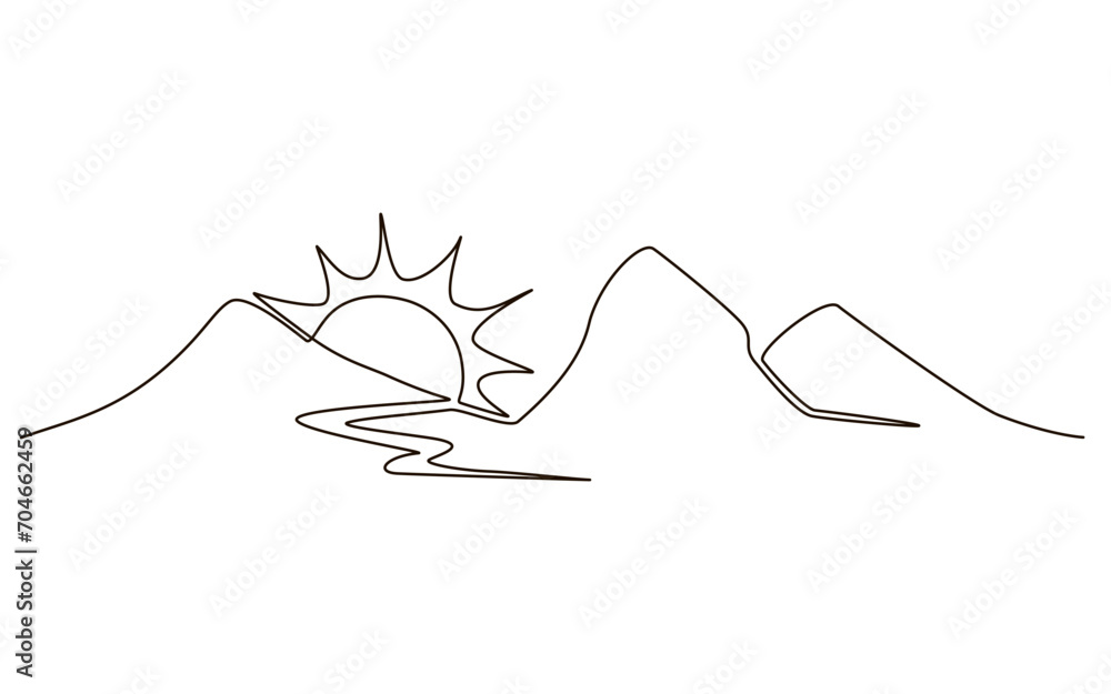 Sun and mountains continuous one line icon drawing on white background. Hot temperature and travel symbol vector illustration in doodle style. Summer sun contour line sign Sun and mountains continuous one line icon drawing on white background. Hot temperature and travel symbol vector illustration in doodle style. Summer sun contour line sign