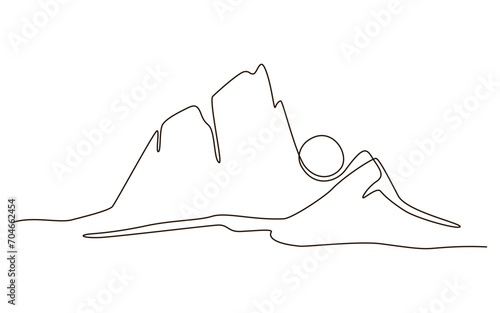 Sun and mountains continuous one line icon drawing on white background. Hot temperature and travel symbol vector illustration in doodle style. Summer sun contour line sign 