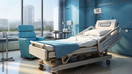 Blue and white hospital room interior with a large window