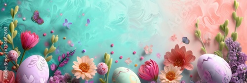 Happy Easter holiday background. Easter eggs and beautiful spring flowers photo