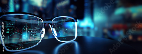 Artificial intelligence AI in Healthcare. Pair of digital eyeglasses overlaid with healthcare and AI symbols, suggesting AI's role in enhancing vision care and ophthalmology photo